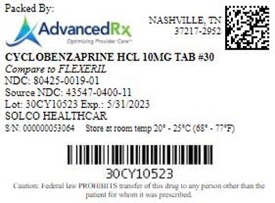 Cyclobenzaprine HCl 10mg Tab Qty 30 Ndc 80425 0019